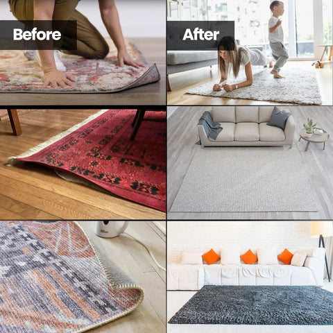 Comparison of before and after using Heavy Duty Non Slip Rug Corner Pads With Reusable Dual Sided Adhesive Grip on area rugs