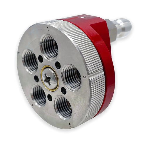 Close-up of Five Position Rotary Pressure Washer J-Rod Nozzle Tip Holder With Quick Twist Tip Switching, metal construction