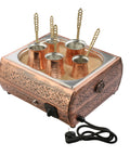 Authentic Turkish Copper Electric Hot Sand Coffee Maker For 110V To 220V, Medium Size, Includes Five Turkish Coffee Pots