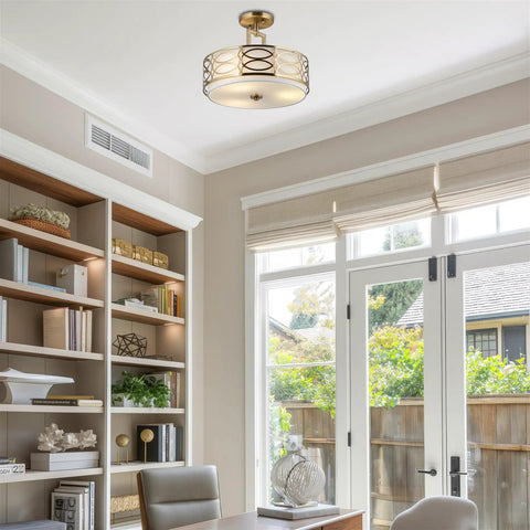 Fifteen Inch Three Light Semi Flush Mount Ceiling Light With White Fabric Shade And Glass Diffuser In Chrome Finish Sleek Modern Vibe Intricate Lattice Detailing Perfect For Living Room Or Foyer Decor Easy To Install