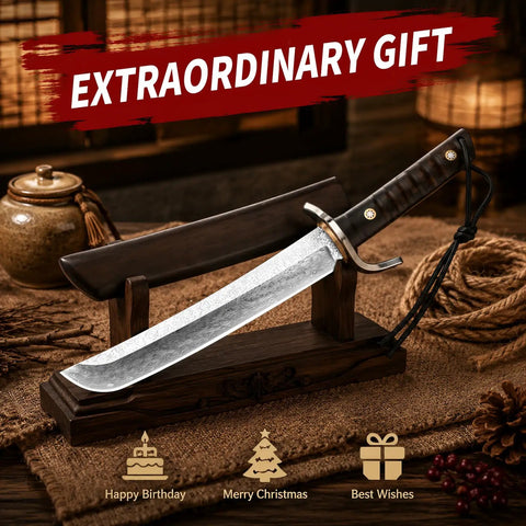 Fixed Blade Tanto Knife with Full Tang Build on wooden stand, ergonomic solid wood handle, perfect for camping outdoor survival.