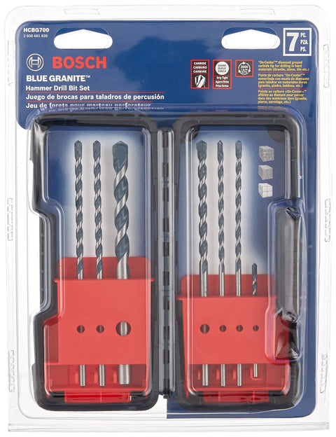 Blue Granite Hammer Drill Masonry Bit Set, 7 Piece HCBG700, packaging with visible carbide edges and ANSI gripped shanks.