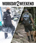 Two outdoorsmen, one with the Beefy Medium Tarpaulin Water Resistant Duffel Bag With Removable Shoulder Straps 5030M in snow.
