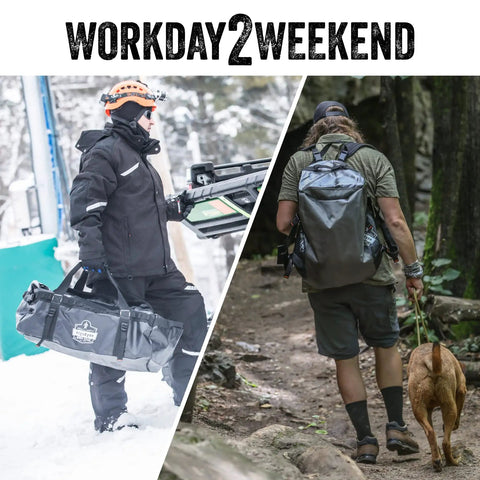 Two outdoorsmen, one with the Beefy Medium Tarpaulin Water Resistant Duffel Bag With Removable Shoulder Straps 5030M in snow.