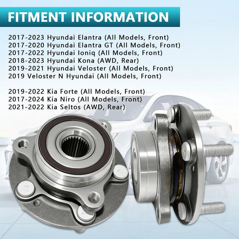 Two Pack Front And Rear Wheel Bearing Hub Assemblies For Hyundai Elantra Elantra GT Ioniq Veloster N Forte Niro Seltos And Kia Niro 513420 51750 F2000 Replacement Kit image with hub assemblies.