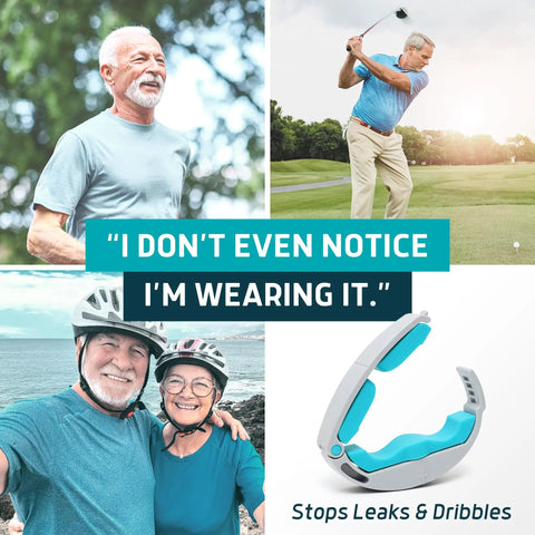 Versa Clamp 2.0 2026 Upgrade Male Incontinence Clamp in various activities like golfing and hiking shown with adjustable knob design.