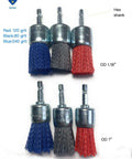 Image of 12 Pack Nylon Filament Abrasive Brush Drill Wheel And Cup Brush Set With One Quarter Inch Shank, hex shank shown.