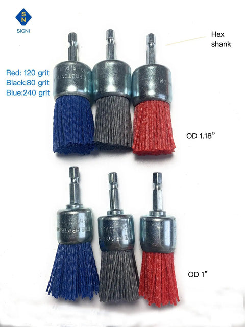 Image of 12 Pack Nylon Filament Abrasive Brush Drill Wheel And Cup Brush Set With One Quarter Inch Shank, hex shank shown.