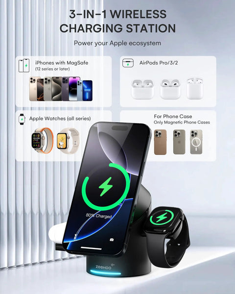 3 In 1 Wireless Charging Station For Apple Gear With MagSafe Stand, Qi2 15W Fast Charging, Auto Rotating Dock For IPhone 17 To 12, AirPods And Apple Watch, Black shown charging devices