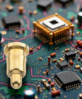 Heavy Duty Spring Loaded Contact Pin With Pointed Tip And 2 Amp Rating placed on a circuit board with electronic components.