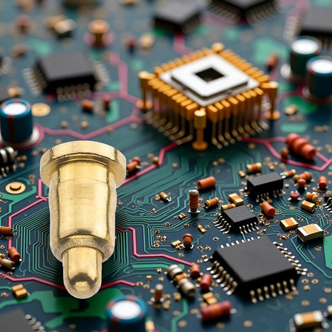 Heavy Duty Spring Loaded Contact Pin With Pointed Tip And 2 Amp Rating placed on a circuit board with electronic components.