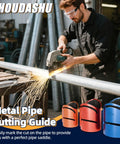 Worker using Pro Pipe Cutting Guide Kit For Metal Pipes With Magnetic Saddle for precision cuts on metal pipes