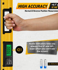 Hand holding 24 Inch Digital Level Featuring A Slick LCD Display And Kickass Magnetic Back That Delivers Dang Precise Angle Readings.