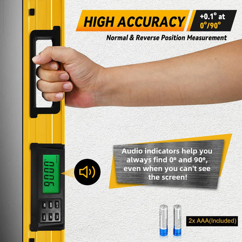 Hand holding 24 Inch Digital Level Featuring A Slick LCD Display And Kickass Magnetic Back That Delivers Dang Precise Angle Readings.