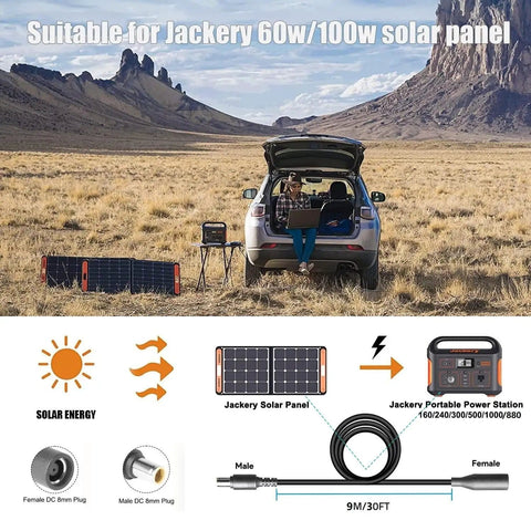 Car with open trunk in a desert setting using 30 Foot Go-To Solar Panel Extension Cable 14AWG 8mm DC Plug Fits Explorer Series