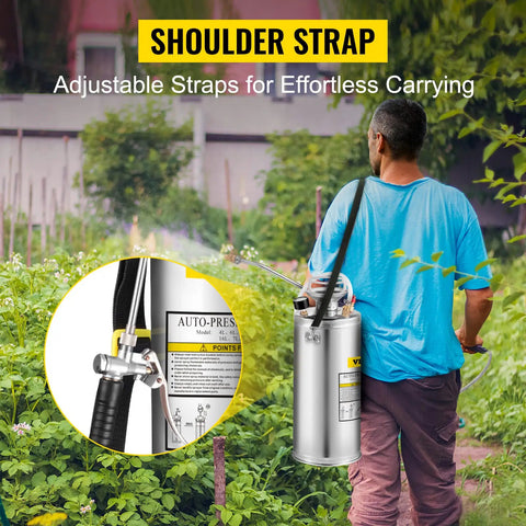 Person carrying 2-Gallon Stainless Steel Hand Pump Sprayer With 20-Inch Wand And 3-Foot Reinforced Hose in garden, showing shoulder strap.