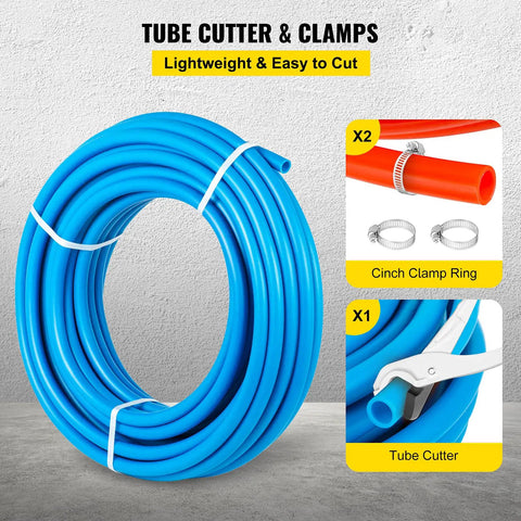 Non Oxygen Barrier PEX B Pipe 1/2 Inch Flexible Tubing 100 Ft Red And Blue For Hydronic Radiant Floor Heating And Water Plumbing With Cutter Tool Included Easy Install For Quick DIY Projects. Blue tubing with clamps and cutter displayed.