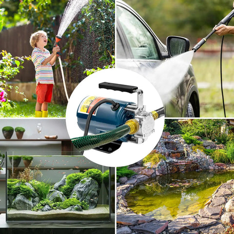Portable Electric Water Transfer Pump 115V 1/10HP Delivers 330GPH showcased in various outdoor watering scenarios.