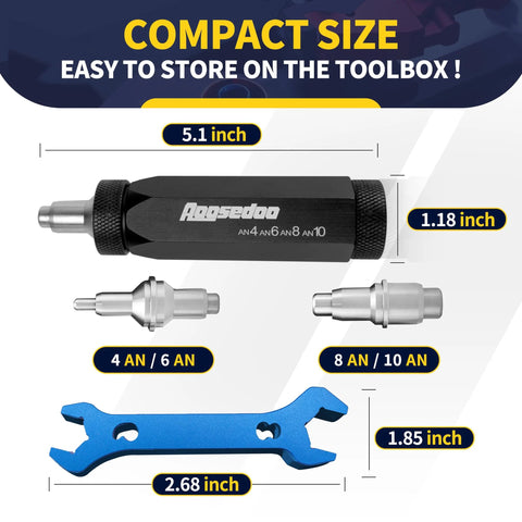 Front view: AOOSEDOO PTFE hose tool with 4AN/6AN and 8AN/10AN adapters; black handle, silver fittings, blue wrench