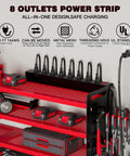 Wall Mounted Power Tool Organizer With Charging Station And 8 Drill Holders Four Layer Garage Storage Rack For Large And Small Tools Built In 8 Outlet Power Strip For Easy Cord Management, showing eight plugged in items and red metal shelves.