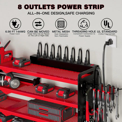 Wall Mounted Power Tool Organizer With Charging Station And 8 Drill Holders Four Layer Garage Storage Rack For Large And Small Tools Built In 8 Outlet Power Strip For Easy Cord Management, showing eight plugged in items and red metal shelves.