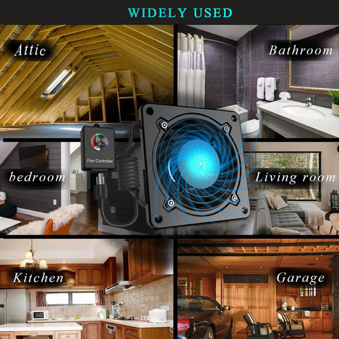 Through Wall Kitchen Exhaust Fan With Stepless Speed Control showcased in various rooms including kitchen and garage.