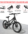 Kids Mountain Bike 20 To 24 Inch With Front Suspension 7 Speeds Dual Disc Brakes Anti Slip Butyl Tires Built For Rough Terrain And City Streets Easy To Ride For Beginners And Young Riders Ideal For Boys And Girls Ages 6 To 14 24 Inch Black Multi Color showing bike features like anti-slip handlebar, durable steel frame, non-slip pedals, and kickstand
