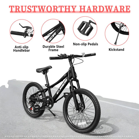 Kids Mountain Bike 20 To 24 Inch With Front Suspension 7 Speeds Dual Disc Brakes Anti Slip Butyl Tires Built For Rough Terrain And City Streets Easy To Ride For Beginners And Young Riders Ideal For Boys And Girls Ages 6 To 14 24 Inch Black Multi Color showing bike features like anti-slip handlebar, durable steel frame, non-slip pedals, and kickstand