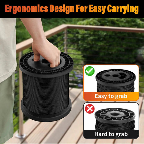 Person holding Black T316 Stainless Steel Cable for Railing, One Eighth Inch Wire Rope, 500 Feet Roll with ergonomic grip