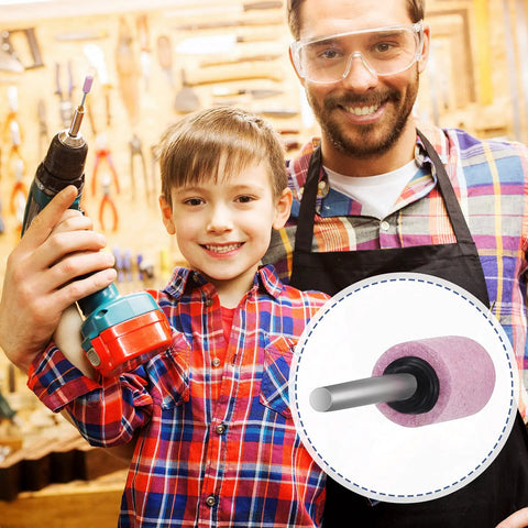 Child and adult with rotary tool setup using 36 Piece Shank Mounted Abrasive Stone Grinding Points Set For Rotary Tools One Eighth Inch Shank.