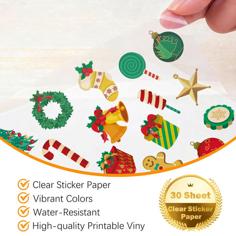 Pro Grade Clear Vinyl Sticker Paper 30 Sheets Printable Self Adhesive Label Sheets Letter Size 8X11 Inch For Inkjet Printers with festive designs.