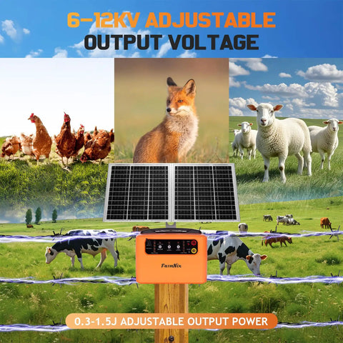 30 Miles Solar Electric Fence Charger with 6-12KV output, 1.5 Joule pulse, 15W solar kit shown with farm animals in the background.