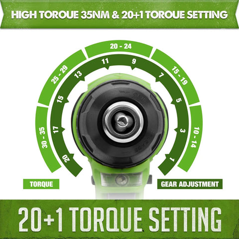 Close-up of torque settings on Sixteen Point Eight Volt Cordless Drill Kit With Battery And Charger Three Eighths Inch Keyless Chuck