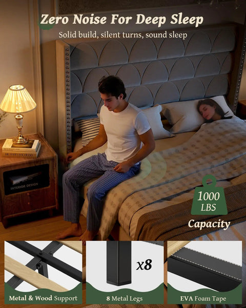 Top Shelf King Size Platform Bed Frame With 56 Inch Velvet Wingback Headboard In Deep Gray Rock Solid Steel Base Holds 1000 Lbs with solid support.