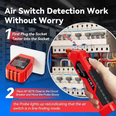 Circuit Breaker Finder Kit With GFCI Outlet Tester And 3 Accessories For 90-120V AC Systems shown in use on panel