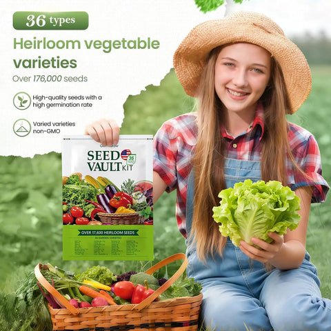 Young woman holding lettuce with Survival Vegetable Seeds Vault Kit With 36 Heirloom Varieties And Over 17,600 Non GMO Seeds