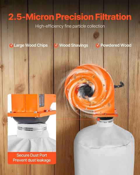 Wall Mount Dust Collector With 1 HP Motor Delivers 560 CFM For Woodworking Shops, Includes 2.5 Micron Bag filtration system close-up.