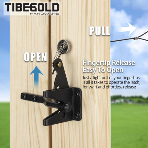 Self Locking Gate Latch With Spring Cable Pull For Outdoor Gates Black Gravity Lever Door Latch Built Tough For Wooden Fence Gates Auto Lock Gate Hardware For Pool Garden Shed 1 Pack on wooden gate with cable pull label