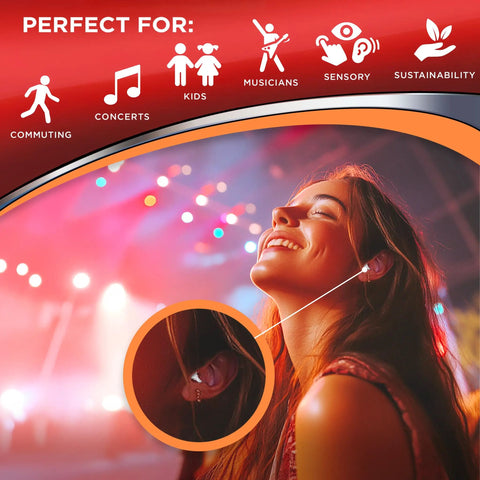 Woman wearing Flat Attenuation Ear Plugs For Music Lovers With Free Case NRR 12 Silicone Hypoallergenic at a concert