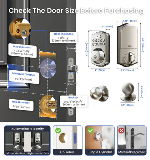 Built In WiFi Fingerprint Smart Lock With Two Knobs No Hub Needed Remote App Control Keyless Entry Front Door Deadbolt Auto Lock Satin Nickel Finish 7 Ways To Unlock For Everyday Convenience with measurement guides, installation tips, and setup diagrams.