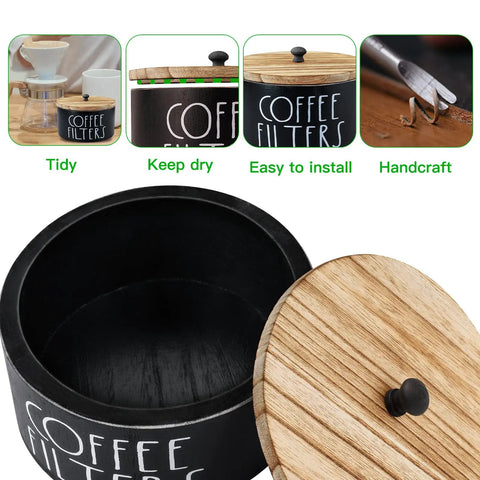 Solid Wood Coffee Filter Holder With Lid, Rustic Farmhouse Style Go-To Storage Dispenser shown with lid open and closed details