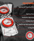 Glow In The Dark Hiking Compass With Waterproof Base Plate and Mirror Sighting showing features and degree markings.