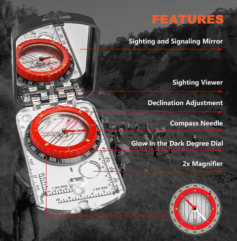 Glow In The Dark Hiking Compass With Waterproof Base Plate and Mirror Sighting showing features and degree markings.