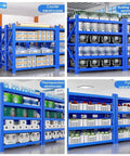 Heavy Duty Four Tier Garage Shelving Rack With Rock Solid Steel Frame And Fully Adjustable Metal Platforms Built Tough in warehouse settings.
