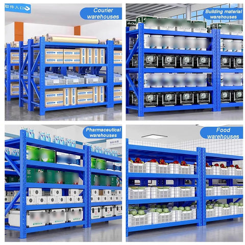 Heavy Duty Four Tier Garage Shelving Rack With Rock Solid Steel Frame And Fully Adjustable Metal Platforms Built Tough in warehouse settings.