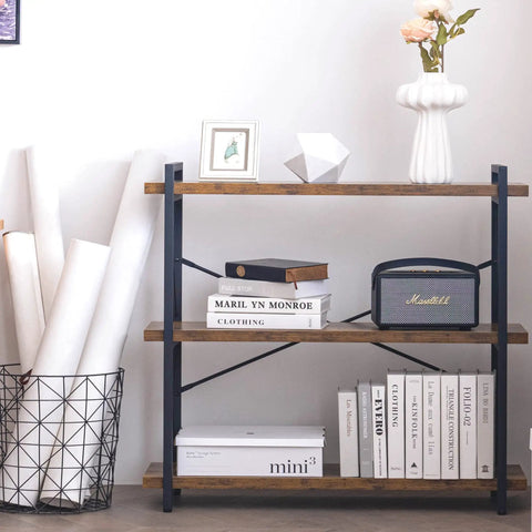 Heavy Duty Top Tier Industrial Bookshelf Featuring Solid Wood Planks And Sleek Matte Black Steel Frame For Living Room Decor Zero Hassle Quick Snap Assembly with books and decor.