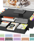 Ergonomic Monitor Riser With Drawer And Two Pen Holders, Printer And Laptop Stand, Desk Organizer For Home Office, Space Saving Desk Accessory, Black Must Have For Busy Home Offices displaying colorful pens and office supplies.