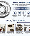 Chrome Stove Drip Pan Set With Burner Rings For GE And Hotpoint Stoves with installation steps and chrome finish features