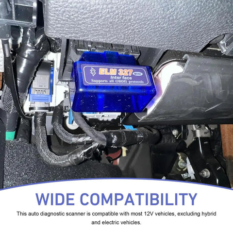 ELM327 Bluetooth OBD2 scanner plugged into car, showcasing wide compatibility. OBD2 Scanner With ELM327 V21 Bluetooth Diagnostic Tool