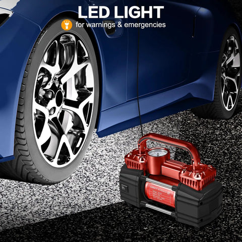 Heavy Duty 12V Portable Tire Inflator And Air Compressor Pump Hella Quick 150 Psi Max Pressure With Bright Led Work Light No Mess Setup for dark surface near a vehicle tire.